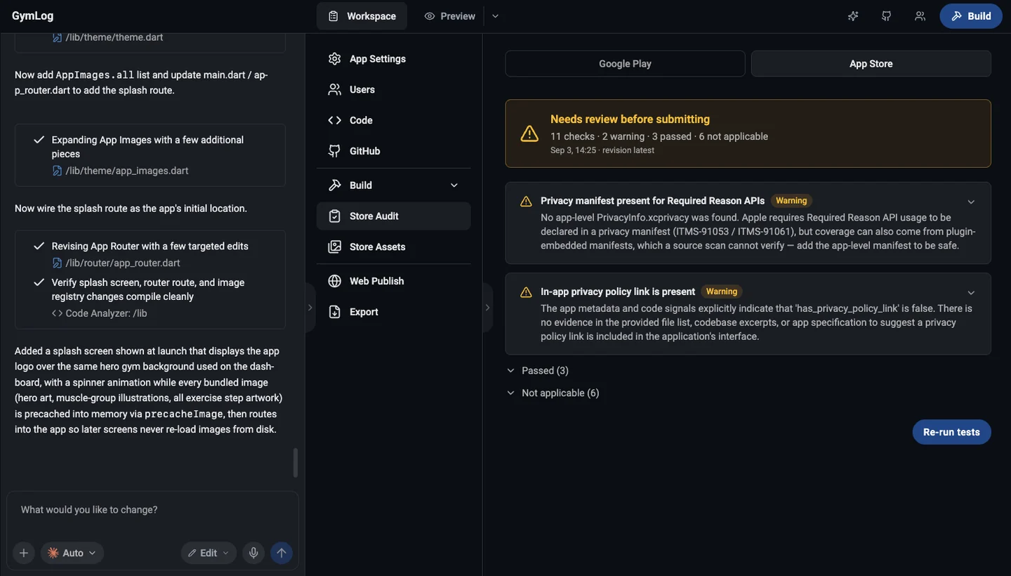 Primio’s Store Audit screen for the GymLog app: App Store checks with two warnings, three passed and six not applicable